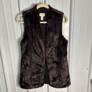 Chico's 0 Faux Fur Vest Burgundy Wine & Black Hook Eye Closure Womens Size Small